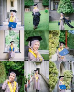 a collage of photos shows a woman in graduation gowns and holding a book