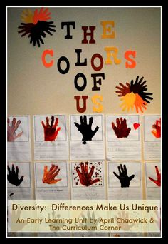 the colors of us poster with handprints on it and words that spell out different colors