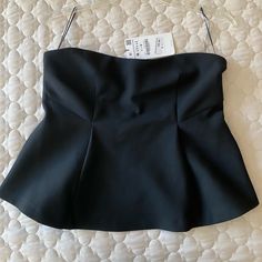 Zara Size- M Brand New With Tag Black Peplum Top With Back Zip Elegant Crop Top For Going Out In Spring, Chic Spring Tube Top For Night Out, Chic Spring Tube Top For Going Out, Chic Tube Top For Going Out In Spring, Elegant Tube Top For Spring Going Out, Black Tube Top For Spring Party, Black Tube Top For Spring Going Out, Chic Strapless Top For Going Out, Chic Black Tube Top For Date Night