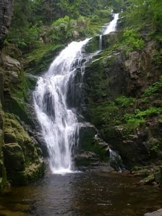 a waterfall in the middle of a lush green forest