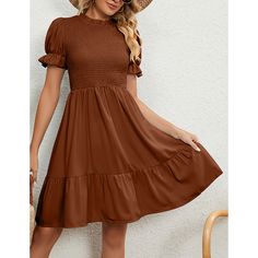 Caramel Mock Neck Pleated Short Sleeve Dress Casual Brown A-line Midi Dress, Brown Solid Color Mini Dress, Non-stretch Brown Dress, Non-stretch Solid Brown Dress, Brown Solid Color Midi Dress For Spring, Fitted Brown Solid Midi Dress, Fitted Solid Brown Midi Dress, Brown Short Sleeve Mini Dress For Fall, Casual Brown A-line Mini Dress