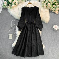 Materials: other Size: one size Color: coffee, khaki, black Casual Black Lantern Sleeve Dress, Black Balloon Sleeve Dress For Fall, Black Balloon Sleeve Dresses For Fall, Black Lantern Sleeve Dress For Fall, Black Puff Sleeve Dress For Fall, Long Frok, Floral Black Dress, Long Sleeve Dresses Fall, Milk Maid