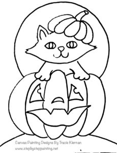 a black and white drawing of a cat sitting on top of a jack o lantern