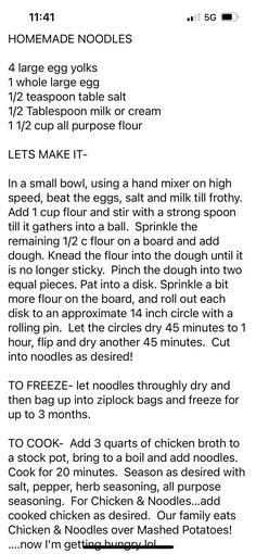 the recipe for homemade noodles is shown in black and white, with instructions to make