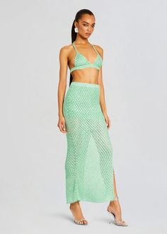 Sandy Crochet Skirt in Sea Foam - Ché by Chelsey Spring Beach Full-length Skirt, Full Length Beach Skirt For Spring, Spring Beach Full Length Skirt, Fitted Beach Maxi Skirt, Fitted Long Maxi Skirt For Beach, Fitted Full Length Maxi Skirt For Beach, Full-length Beach Skirt For Summer, Fitted Maxi Skirt For Beach, Fitted Maxi Skirt For The Beach