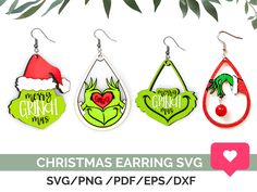 christmas earring svg with grino, santa hat and holly tree on it