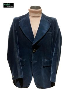 1970's Hepworths Blue Velvet Jacket. Rare rounded lapels. Double vent. Original buttons. Condition: Excellent Chest: 34 inches Shoulder to Shoulder: 15.5 inches Shoulder to Cuff: 24 inches Length: 31 inches Retro Tailored Single Breasted Blazer, Retro Single-breasted Blazer With Suit Collar, Vintage Blue Winter Blazer, Vintage Blue Long Sleeve Blazer, Blue Single Button Blazer For Fall, Vintage Blue Blazer For Fall, Blue Vintage Blazer For Fall, Vintage Sport Coat With Single Button And Notch Lapel, Retro Formal Outerwear With Notch Lapel