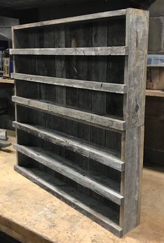 an old wooden shelf in a shop with lots of shelves on the top and bottom