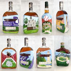 six bottles of alcohol are shown in this collage, each with an image of a house on it