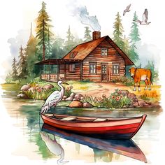 a watercolor painting of a boat with a bird on it and a cabin in the background