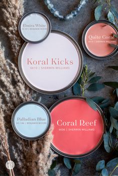 four different shades of coral, coral pink and coral blue in tins next to some plants