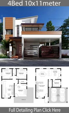 two story house plan with 4 beds and 1 meters from the ground level, it has three