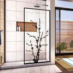 a bathroom with a tree in the middle of it and sliding glass doors on both sides