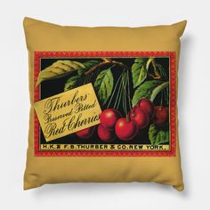 a yellow pillow with an old fashioned fruit label on it