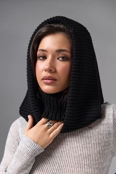 Black Hooded scarf, Turtleneck Hoodie, Knit Balaclava, Hooded Cowl, Knitted Hood Scarf, Womens Woolen Hood, Wool Scarf, Gift for Her The multifunctional winter accessory is made of semi-woolen yarn. The model consists of an elastic collar that covers the neck well and a spacious hood in a textured weave. The elegant accessory has a wide lapel for extra warmth. Leave this snood on after you take off your jacket, it will become a stylish addition to a pullover or sweater. A super soft and cozy hooded scarf. Product details: 70% acrylic, 20 % mohair, 10 %wool Width - 14 in Length - 20 in Black Knitted Winter Hoodie, Black Knitted Hoodie For Winter, Black Knitted Winter Bonnet, Winter Knitted Black Bonnet, Winter Black Knitted Bonnet, Knitted Balaclava For Cold Weather In Fall, One Size Hooded Balaclava For Fall, One Size Fall Balaclava With Hood, Knitted One-size Hooded Balaclava