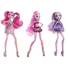 three barbie dolls standing next to each other in pink and purple outfits on a white background