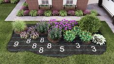 an aerial view of a garden with flowers and numbers painted on the ground in front of a house