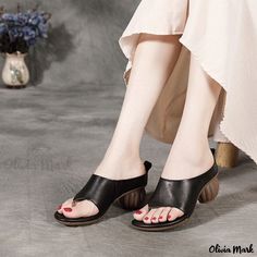 Olivia Mark - Cool and Comfortable Genuine Leather Cowhide Platform Sandals with Peep Toe Summer Black Toe Post Mules, Black Toe Post Mules For Spring, Rough Heels, Shoe Sole, Genuine Leather Shoes, Leather High Heels, Pig Skin, Olivia Mark, Platform Sandals