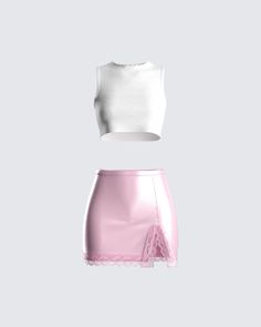 Life isn't perfect, but your outfit can be 💥 A simple and sexy white tank and pink lace skirt set to keep you ready for whatever and whoever comes your way 😏 Lace Trim Skirt, Pink Lace Skirt, Fuzzy Skirt, Lead Me On, White Crop Tank, Outfit Png, Red Mini Skirt, Rhinestone Top, Better Version