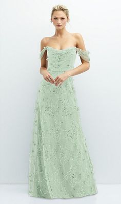 Spring Wedding Off Shoulder Maxi Dress, Pastel Gown, Senior Prom Dresses, Maid Of Honour Dresses, Mother Of Groom Dresses, Garden Dress, Green Bridesmaid, Floral Gown, Long White Dress