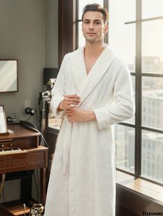 Russoo - Mens Cozy Solid Fleece Robe: One-Piece Lace-Up Kimono Nightwear Set with Pockets, Ideal for Relaxing at Home or Post-Bath Comfort White Winter Sleepwear For Relaxation, Winter White Sleepwear For Relaxation, White Long Sleeve Sleepwear For Relaxation, White Long Sleeve Sleepwear For Lounging, Fitted Winter Sleepwear For Relaxation, Fitted Sleepwear For Winter Relaxation, Long Sleeve Winter Sleep Robe, Cozy Long Sleeve Robe For Home, Fitted Long Sleeve Robe For Loungewear