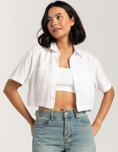 Rsq Crop Shirt. Crafted With Soft And Breathable Fabric, This Shirt Features A Trendy Cropped Silhouette That's Perfect For Pairing With High-Waisted Jeans Or Skirts. With Its Button Front, Chest Pockets, And Collared Neckline, This Shirt Offers A Classic And Timeless Look With A Modern Twist. Short Sleeves. 55% Cotton, 45% Viscose. Machine Wash. Imported. Model Is Wearing A Size Small. Model Measurements:height: 5'8" Bust: 32"waist: 25"hips: 36" Casual Cropped Blouse With Pockets, White Summer Tops With Pockets, Fitted Summer Tops With Pockets, White Button-up Crop Top For Summer, White Collared Crop Top For Summer, White Relaxed Fit Cropped Shirt For Summer, Relaxed Fit Cropped Tops With Pockets, Cropped Tops With Pockets In Relaxed Fit, White Cropped Shirt For Summer