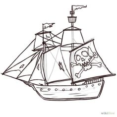 a drawing of a pirate ship with skull and crossbones on the front sails