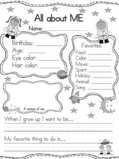 an all about me worksheet for children with stars and moon on it,