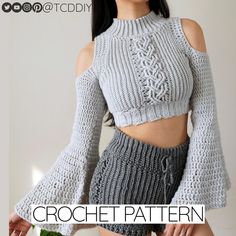 a woman in grey knitted top and shorts with text overlay that reads crochet pattern