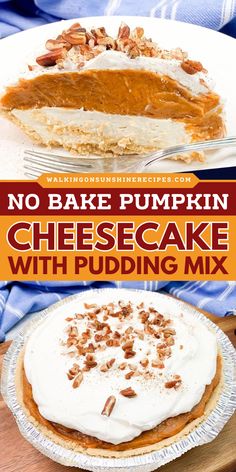 Looking for a quick Thanksgiving dessert recipe? Try this No Bake Pumpkin Cheesecake with Pudding Mix! It's the perfect combination of cheesecake and pumpkin pie all in one delicious recipe. Save this sweet treat to make at home! Recipes Using Pumpkin Pudding, Pumpkin Cheesecake Dump Cake Recipe, No Bake Pumpkin Pudding Pie, Jello Pudding Pumpkin Pie, Canned Pumpkin Pie Filling Recipes Desserts, Pumpkin Pie Nobake, Pumpkin Pie Delight Recipe, No Bake Pumpkin Cheesecake With Vanilla Pudding, Crustless Pumpkin Cheesecake Recipes