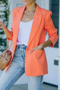 Spring Blazer, Orange Blazer, Blazer Casual, Ladies Blazer, Elegant Coats, Leisure Suit, Pocket Cardigan, Long Sleeve Blazers