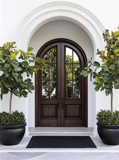 two large black planters sitting in front of a wooden door on a white building