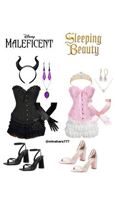 an image of a woman's outfit and shoes for sleeping beauty, with the title sleeping beauty written below