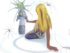 a woman sitting on the ground next to a vase with starfishs in it