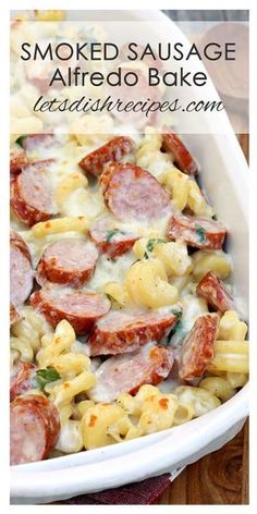 a casserole dish filled with sausage and pasta