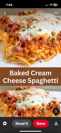 two pictures of baked cream cheese spaghetti