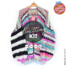 the knitting kit is hanging on a wooden hanger with an ad for knitting in ends