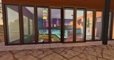 an animated view of the outside of a building with lots of glass doors and windows