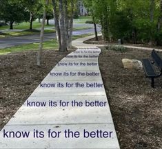 a bench sitting on top of a sidewalk next to a park filled with lots of trees