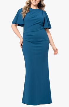 Soft ruching shapes the silhouette of this striking gown designed with a V-dipped back and fluttering sleeves that end at the elbow. 59 1/2" length; 6" train (size 18W) Hidden back-zip closure Bateau neck V-back Elbow-length sleeves Lined, except sleeves 94% polyester, 6% spandex Dry clean Made in the USA of imported fabric Fitted Maxi Gown With Draped Sleeves, Elegant Fitted Evening Dress With Flutter Sleeve, Fitted Maxi Dress With Cape Sleeves For Evening, Fitted Blue Maxi Dress With Cape Sleeves, Blue Fitted Maxi Dress With Cape Sleeves, Fitted Maxi Dress With Ruched Detail And Flutter Sleeves, Fitted Ruched Maxi Dress With Flutter Sleeves, Flutter Sleeve Dresses For Gala, Elegant Flutter Sleeve Evening Dress For Gala