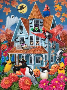 a painting of a halloween house with birds and pumpkins