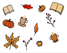 a collection of autumn items including books, coffee cups and leaves on a white background