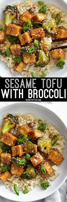 sesame tofu with broccoli in a white bowl on top of brown rice