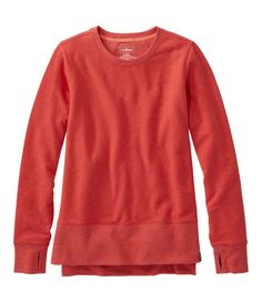 All about comfort, this lightweight sweatshirt has all the moisture-wicking, quick-dry tech you need to feel great on the go, plus irresistible softness and stretch. Slightly Fitted: Softly shapes the body. Falls at low hip. Soft blend of 59% cotton, 38% polyester and 3% spandex wicks moisture and dries quickly. Brushed on the inside for exceptional softness and comfort. Machine wash and dry. Flattering high-low hem with side slits to let you move freely. Thumbholes at the cuffs hold sleeves in place. Imported. Fit: Slightly Fitted | Women's L.L.Bean Cozy Sweatshirt, Split-Hem, Cotton Blend Relaxed Fit Fleece Tops For Sports, Moisture-wicking Long Sleeve Sweats For Fall, Relaxed Fit Functional Tops For Loungewear, Functional Long Sleeve Tops For Loungewear, Cozy Fit Sports Top With Ribbed Cuffs, Fleece Stretch Tops For Loungewear, Moisture-wicking Crew Neck Sweatshirt For Loungewear, Fall Layering Crew Neck Activewear, Sporty Cozy Fit Activewear For Layering