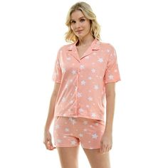 Get cozy with this Derek Heart 2 piece pajama set designed for women. The set includes a short sleeve top with a cropped notch collar and relaxed fit, plus super soft elastic sleep shorts with a flat waistband and side slits. Made from 95% polyester and 5% spandex, this set provides ultimate comfort for your sleep routine. Slay in style with sizes ranging from S-XL. Size: M.  Color: Green.  Gender: female.  Age Group: adult. Summer Short Sleeve Sleepwear For Overnight, Cotton Star Print Sleepwear For Loungewear, Cotton Sleepwear With Star Print, Casual Star Print Sleepwear For Loungewear, Casual Short Sleeve Short Set For Sleepover, Casual Sleepwear For Pajama Party With Star Print, Casual Sleepwear With Star Print For Pajama Party, Summer Star Print Top For Loungewear, Casual Short Set For Sleepover