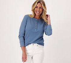 This classic long sleeve Henley top gives off laid-back-chic vibes without even trying. Pair it with joggers around the house or with white jeans and sandals when you head out the door! From Belle by Kim Gravel. Comfortable Casual Tops For Everyday, Casual Comfortable Crew Neck Tops, Casual Comfortable Long Sleeve Tops, Comfortable Casual Solid Tops, Casual Comfortable Tops, Versatile Long Sleeve Top For Spring Loungewear, Versatile Long Sleeve Top For Lounging In Spring, Relaxed Long Sleeve Tops For Casual Gatherings, Fall Casual Comfortable Tops