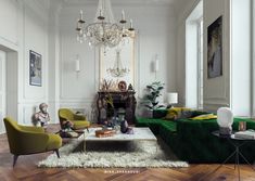 a living room filled with furniture and a chandelier