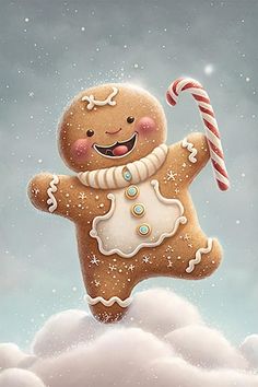 a gingerbread man is flying through the air with a candy cane in his hand