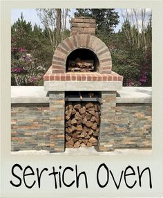 there is a brick oven with logs in it and the words serrith oven above it