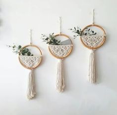 three wall hangings with plants in them and some tassels on the sides